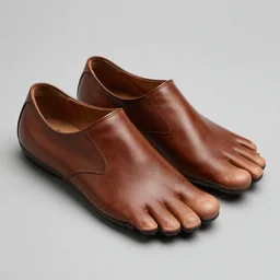 toe shoes, toeshoes, a pair of vibram fivefingers made of brown leather with laces, concept art equipment, fantasy illustration, magic item