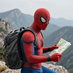 Hyperrealistic photo of traveler spider-man carrying backpack and holding map on the mountain