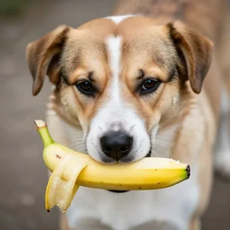 A dog eating a banana, (EOS 5DS R, ISO100, f/8, 1/125, 84mm, postprocessed, crisp face, facial features)