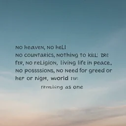 no heaven, no hell, above us only sky, no countries, nothing to kill or die for, no religion, living life in peace, no possessions, no need for greed or hunger, the world living as one