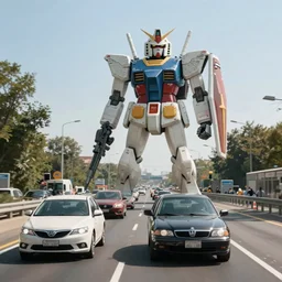 photorealistic shot of cars on the freeway with a gundam in the background, canon ae - 1,