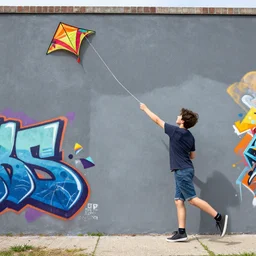 boy flying his kite as graffiti mural by lee, masterpiece, trending on artstation