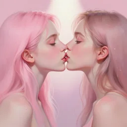 portrait of two beautiful girls kissing, intimate, pastel shades of pink, beautiful face, rule of thirds, spotlight, drips of paint, by francoise nielly, digital painting