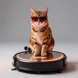 cat sitting on top of roomba, cat wearing red - tinted sunglasses, tigerprint, lightstrips, volumetric lighting