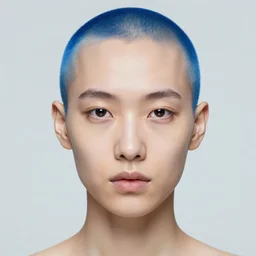 intricate portrait, pure skin, bald, short blue hair, in the style of enki bilal!