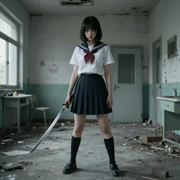 School girl holding a katana and standing on an abandoned hospital room , by Konstantin Razumov, horror scene, highly detailded