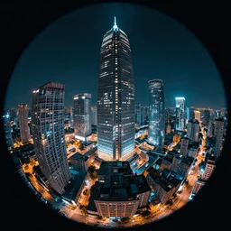 fisheye lens photograph of a futuristic neon cityscape