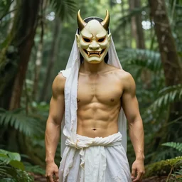 a lonely golden fit toned asian god male draped in rotten white cloth, face wearing an oni mask, standing inside a tropical forest, by sung choi by john kirby artgerm and greg rutkowski by ivan shishkin, octane render, unreal engine, watercolor, telephoto, 8 k, natural lighting, in a symbolic and meaningful style