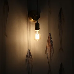 design house mason pedant lamp with edison lightbulb hanging from wall with blowfish wall paper, low light setting, dim