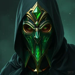 enigmatic man, wearing full mask made of green polished emerald rendered in unreal engine, soviet poster aesthetic, dnd universum, dark fantasy, painted by artgerm and glenn rane