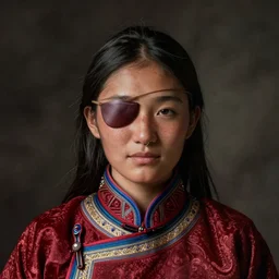 a realistic portrait of a mongolian girl with a nose ring and an eye patch, by Martin Schoeller