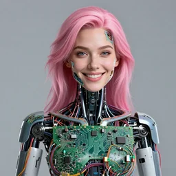portrait of a smiling gorgeous beautiful woman robot with pink hair and missing panels that expose electronics, circuit boards, cyborg, wires, electronics, intricate, abstract, wire management, transistors, traces, capacitors, sci - fi, concept art, octane render, deviantart, cinematic, hyperrealism, portrait photograph, nikon