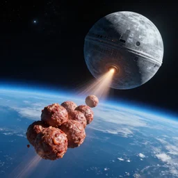 Deathstar shooting meatballs at earth, 4k