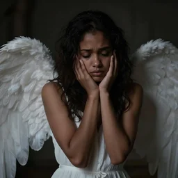 portrait of beautiful black haired female angel, shameful, sad, dark