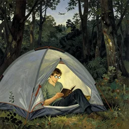 man with eye glasses reading in a tent in the forest. plane in the sky far away. artwork by moebius, georges de la tour