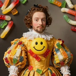Velazquez Las Meninas, candy, sculpted out of candy, gummy candies, gummy bears, gummy worms, colorful award-winning photo of candy, happy smiley