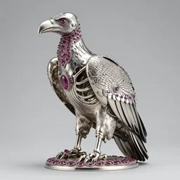 a epic full view of a vulture skeleton sculpture made with polished stainless steel ornated with carved ruby gems by bernini