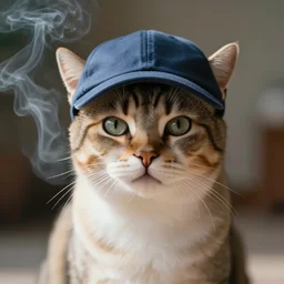 a cinematic cat smoking wearing a cap, front view, ultra realistic, canon, 3 5 mm, bokeh, coherent