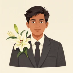 artwork by Shimoda Hikari, of a solo individual portrait of an Indian guy with lilies, dapper, simple illustration, domestic, nostalgic, full of details, Matte painting, trending on artstation and unreal engine