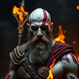 a realistic photograph of mike ehrmantraut dressed up as kratos, makeup, bald, epic pose, fire, 4 k