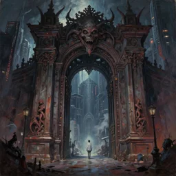 baroque oil painting of anime key visual environment concept art of the gates of hell in the middle of a futuristic city, brutalist, dark fantasy, rule of thirds, digital cel shading, fake hidden detail, trending on pixiv fanbox, acrylic palette knife and brush, style of makoto shinkai studio ghibli jamie wyeth james gilleard greg rutkowski