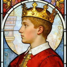 detailed portrait of a 3 0 year old crowned king, profile view, side view, stern and confident, small golden crown on forehead, short buzzcut, chin strap, red coat with white collar, stained glass art, by alphonse mucha, very masterful