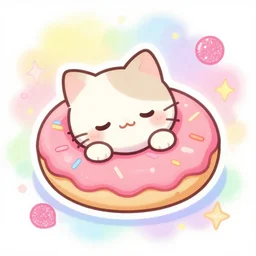 a tiny cute kitten sleeping inside a pink sprinkles donut, puffy sticker, glitter sticker, kawaii by studio ghibli, by lisa frank 8 k pastel colours, neon colours, smeared watercolours,