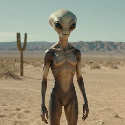 A realistic photo of an alien in a desert in Nevada, X-Files, documentary, realistic, cinematic, extremely high detail, 8k, cinematic