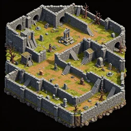 forbidden catacombs, isometric 2 d asset featuring stone walls, stairs, tombs, altars, dead trees, rocky tunnels, highly detailed, trending on itch. io, high definition, 8 k