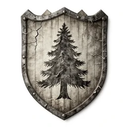 medieval inky cracked picket fence shield  with a christmas tree on it, tattered fabric texture