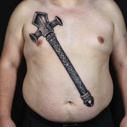 world's ugliest tattoo of Mjölnir on a fat man's belly