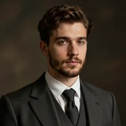 portrait of a young man in his twenties, suit and tie, short beard, historic portrait, dramatic lighting, octane render