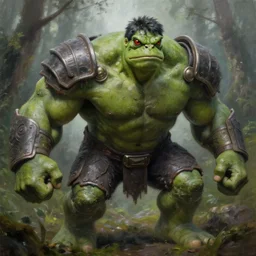 macro medium shot, rugged anthropomorphic muscular!!!!!!!!! oversized!!!!!!!! hulked!!!! frog as oversized green armored barbarian armored hunter wearing war sci - fi armor in deep forest, foggy, oil painting by greg rutkowski by frazetta by rembrandt