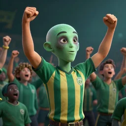 Martian soccer fan cheering on one of his favorite teams by Greg rutkowski trending in artstation, Full HD 8k, rendering unreal engine, cinema4D, surreal, romanticism art