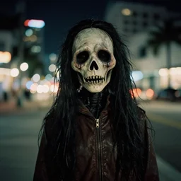fujifilm quicksnap 4 0 0 photography of scary puppet uncanny valley, in miami night, bokeh background