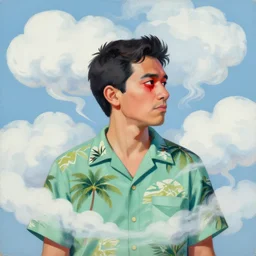 greg manchess painting of a man in a hawaiian shirt surrounded by clouds of fluffy white vapor, with bloodshot eyes, medium shot, asymmetrical, profile picture, organic painting, sunny day, matte painting, bold shapes, hard edges, street art, trending on artstation, by huang guangjian and gil elvgren and sachin teng