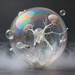 surreal, abstract, spinning, motion, reflective rainbow bubbles, fog, mist, smoke, milk drops, synapses, nerves, brains, light bulbs, matte painting by Bruce Munro and Jeffrey Smith and Mike Winkelmann