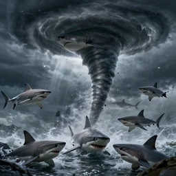a realsitic tornado filled with sharks, 8k