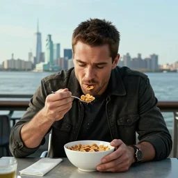 jc denton from deus ex videogame eats cereal at a table near liberty island, high quality, photorealistic, highly detailed, 4 k, hd