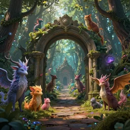 photo of a portal to a different kingdom with magical creatures in it, in the forest. Fantasy magic style. Highly detailed 8k. Intricate. Nikon d850 55mm. Award winning photography.