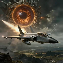 A fighter jet firing a missile at the Eye of Sauron, film still from Lord of the Rings