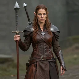 female half orc with brown hair, melee weapons, dnd, leather clothing, photo by gertrude kasebier