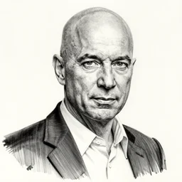 film still of bryan cranston, bald, beautiful face, wearing suit, realistic proportions, ink, black and white, illustration, cinematic composition, lineart, clean lines, sean phillips