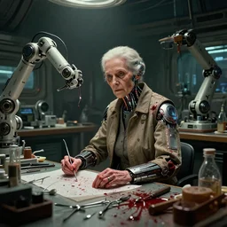 an environmental concept art of an elderly woman cyberneticist in a cluttered workshop, surgical implements, surgery theatre, robotic arm, blood spatter, highly detailed, cinematic, dramatic, cyberpunk, dieselpunk, scifi space station, horror, bladerunner 2 0 4 9