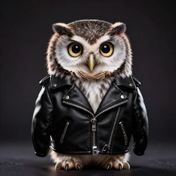 cute little owl wearing black biker jacket, portrait photo, backlit, studio photo, dark plasma background