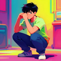 person sitting in a slav squat, vibrant colours, in a style of gashi gashi, r mk, urbancentre, resublimitykun, trending on devianart sharp focus, digital painting