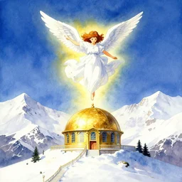angel levitating above a golden observatory in the snowy mountains. watercolor by moebius, clamp and arina tanemura, backlighting, vibrant palette.
