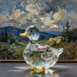 a transparent sculpture of a duck made of glass, the sculpture is in front of a painting of a lanscape