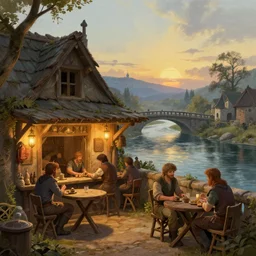 beautiful warm tavern seen from the outside, river crossed by a bridge, skyrim, middle age, crepuscular light, trending on artstation, sharp details, d & d digital painting, artstation, sharp focus, illustration, art by artgerm and irakli nadar and greg rutkowski and alphonse mucha