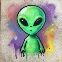 happy alien, drip painting graffiti, spary painting, artwork by obey